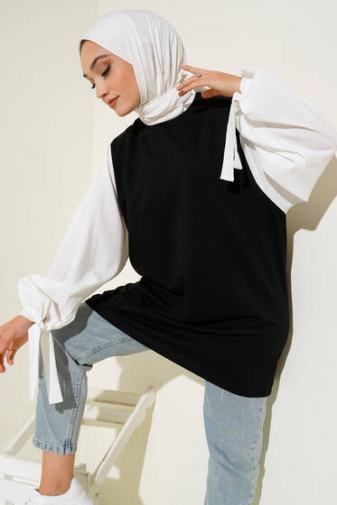 Kol Garnili Bilekleri Bağlamalı Tunik Siyah - Tunik