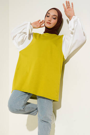 Kol Garnili Bilekleri Bağlamalı Tunik Yağ Yeşil - Tunik