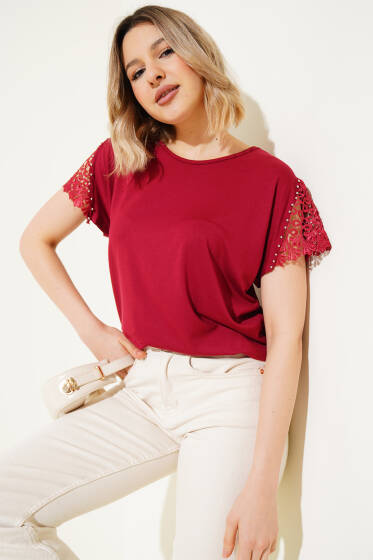 Kol Güpürlü T-shirt Bordo - Kadın Giyim Modelleri