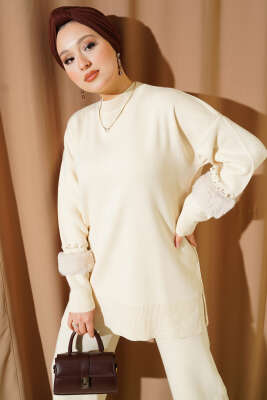 Kol İncili Kürklü Triko İkili Takım Bej - İkili Takım