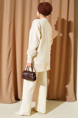 Kol İncili Kürklü Triko İkili Takım Bej - İkili Takım