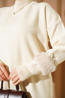 Kol İncili Kürklü Triko İkili Takım Bej - İkili Takım