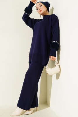 Kol İncili Kürklü Triko İkili Takım Lacivert - SUDE NAZ