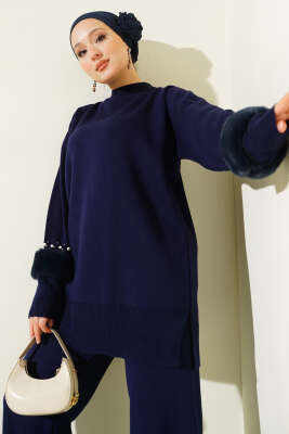 Kol İncili Kürklü Triko İkili Takım Lacivert - İkili Takım