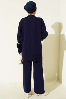 Kol İncili Kürklü Triko İkili Takım Lacivert - İkili Takım