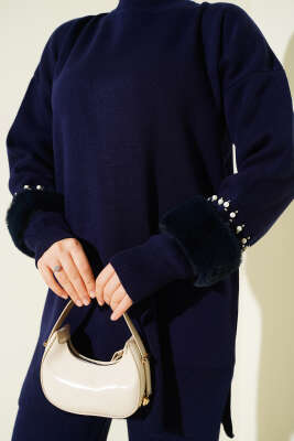 Kol İncili Kürklü Triko İkili Takım Lacivert - İkili Takım