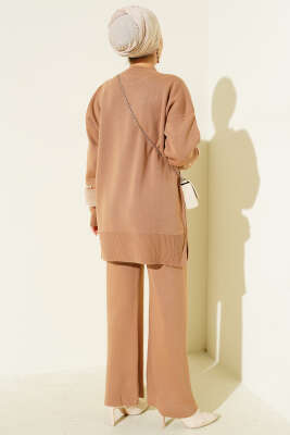 Kol İncili Kürklü Triko İkili Takım Latte - İkili Takım