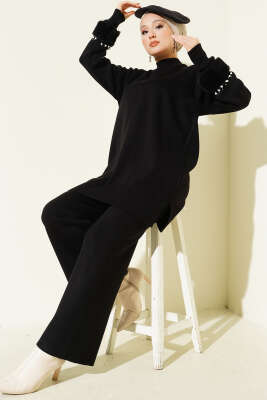 Kol İncili Kürklü Triko İkili Takım Siyah - SUDE NAZ