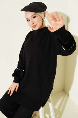 Kol İncili Kürklü Triko İkili Takım Siyah - İkili Takım