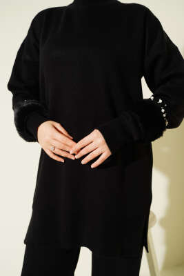 Kol İncili Kürklü Triko İkili Takım Siyah - İkili Takım