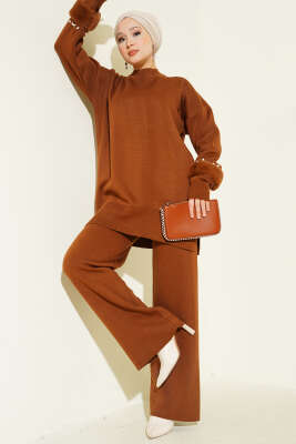 Kol İncili Kürklü Triko İkili Takım Taba - SUDE NAZ