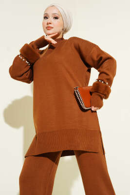 Kol İncili Kürklü Triko İkili Takım Taba - İkili Takım