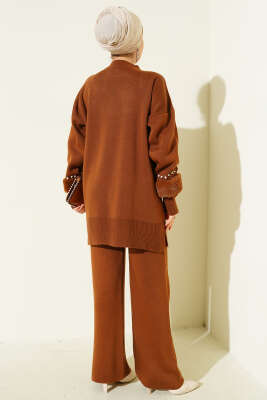 Kol İncili Kürklü Triko İkili Takım Taba - İkili Takım