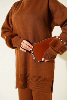 Kol İncili Kürklü Triko İkili Takım Taba - İkili Takım