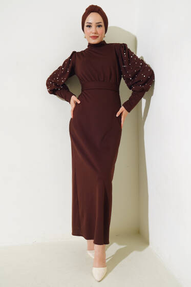 Kol İncili Kuşaklı Elbise Kahve - Elbise