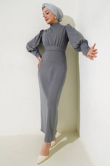 Kol İncili Kuşaklı Elbise Kayrak Grisi - Elbise