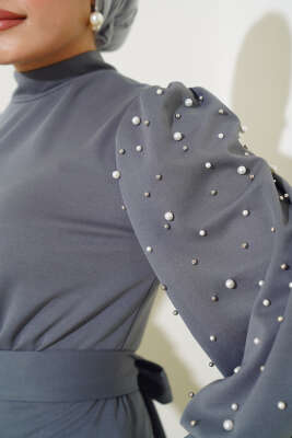 Kol İncili Kuşaklı Elbise Kayrak Grisi - Tesettür Elbise