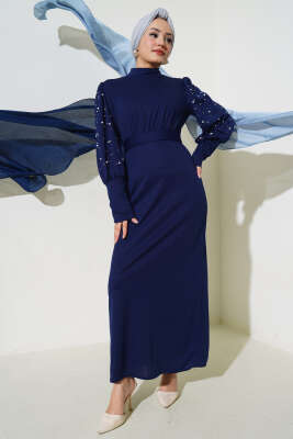 Kol İncili Kuşaklı Elbise Lacivert 