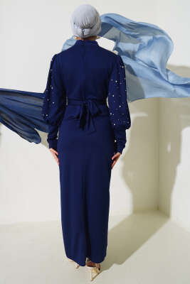 Kol İncili Kuşaklı Elbise Lacivert - Tesettür Elbise