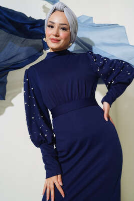 Kol İncili Kuşaklı Elbise Lacivert - Tesettür Elbise