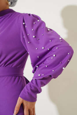 Kol İncili Kuşaklı Elbise Lila - Tesettür Elbise