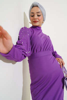 Kol İncili Kuşaklı Elbise Lila - Tesettür Elbise