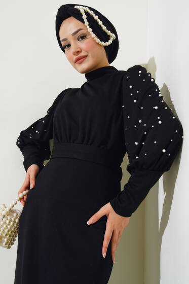Kol İncili Kuşaklı Elbise Siyah - Elbise