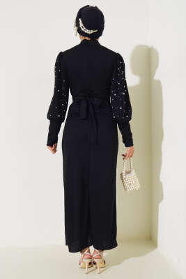 Kol İncili Kuşaklı Elbise Siyah - Tesettür Elbise