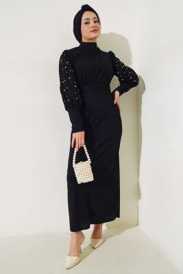 Kol İncili Kuşaklı Elbise Siyah - Tesettür Elbise