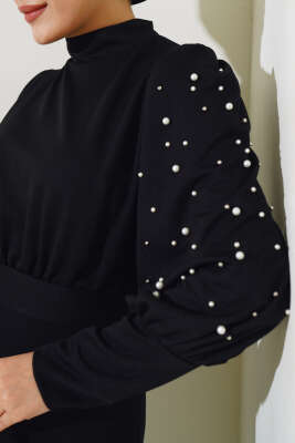 Kol İncili Kuşaklı Elbise Siyah - Tesettür Elbise