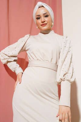 Kol İncili Kuşaklı Elbise Taş - Tesettür Elbise