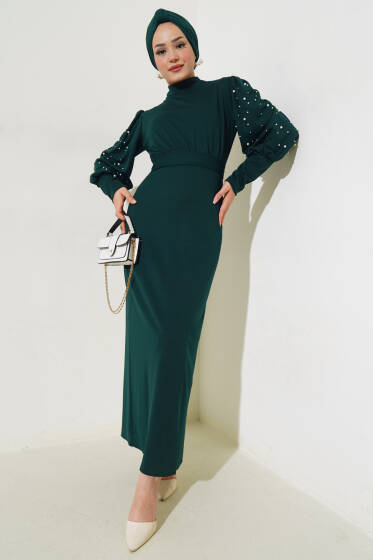 Kol İncili Kuşaklı Elbise Zümrüt - Tesettür Elbise