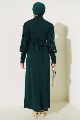 Kol İncili Kuşaklı Elbise Zümrüt - Tesettür Elbise