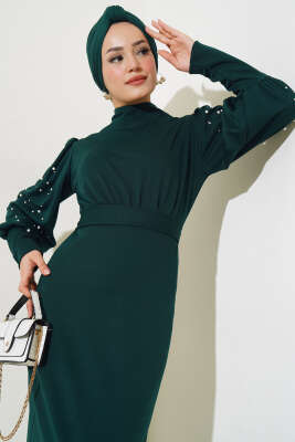 Kol İncili Kuşaklı Elbise Zümrüt - Tesettür Elbise