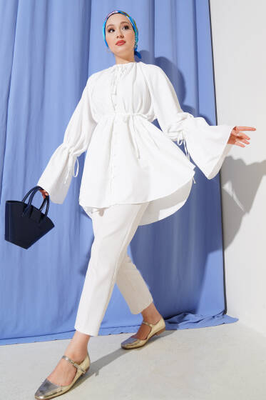 Kol İp Bağcıklı Britli Tunik Beyaz - Tunik