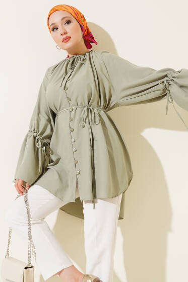 Kol İp Bağcıklı Britli Tunik Çağla Yeşili - Tunik