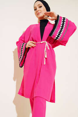 Kol İşlemeli Kimono Takım Fusya - Thumbnail