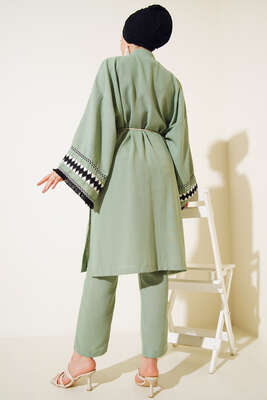 Kol İşlemeli Kimono Takım Mint Yeşili - Thumbnail