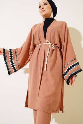 Kol İşlemeli Kimono Takım Soğan Kabuğu - Thumbnail