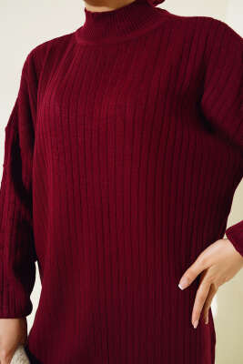 Kol Kabartmalı Fitilli Triko Tunik Bordo - Triko Tunik