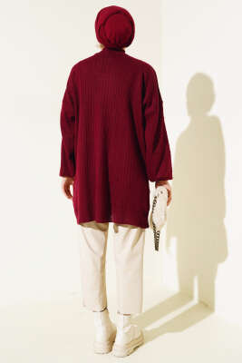 Kol Kabartmalı Fitilli Triko Tunik Bordo - Triko Tunik