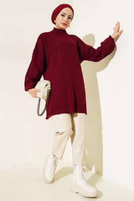 Kol Kabartmalı Fitilli Triko Tunik Bordo - Triko Tunik
