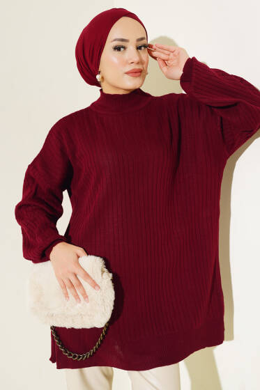 Kol Kabartmalı Fitilli Triko Tunik Bordo - Tunik