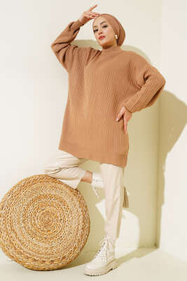 Kol Kabartmalı Fitilli Triko Tunik Büsküvi - Triko Tunik