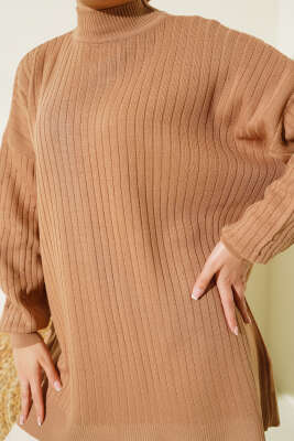 Kol Kabartmalı Fitilli Triko Tunik Büsküvi - Triko Tunik