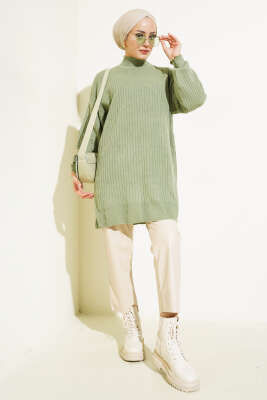 Kol Kabartmalı Fitilli Triko Tunik Çağla Yeşili - Triko Tunik
