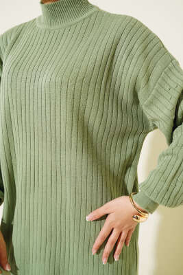 Kol Kabartmalı Fitilli Triko Tunik Çağla Yeşili - Triko Tunik