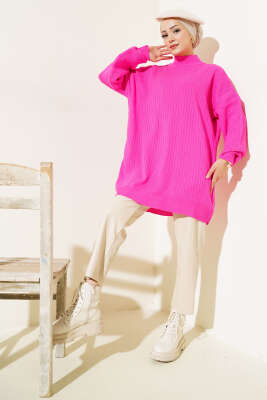 Kol Kabartmalı Fitilli Triko Tunik Fuşya - Triko Tunik
