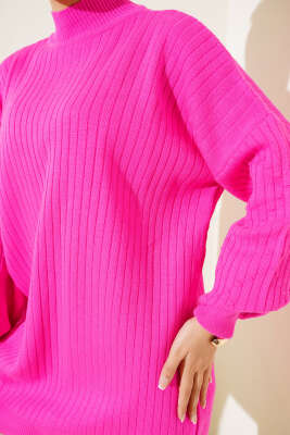 Kol Kabartmalı Fitilli Triko Tunik Fuşya - Triko Tunik