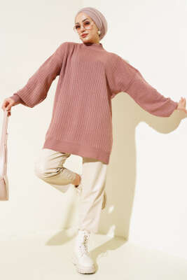 Kol Kabartmalı Fitilli Triko Tunik Gül Kurusu - Triko Tunik
